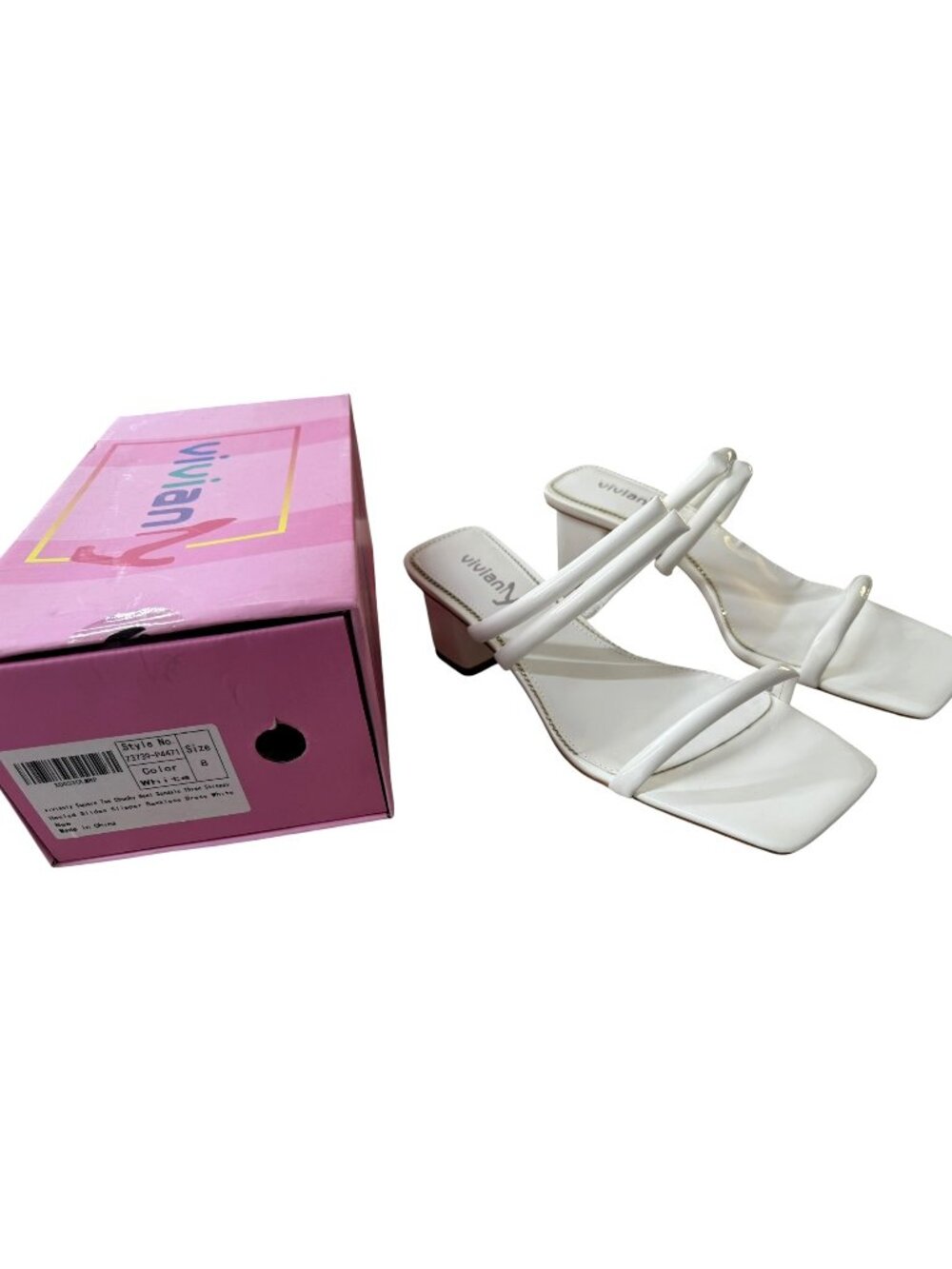 Viviany‎ Square Toe Chunky Heel White Strappy Backless Sandals Size 8 NWB